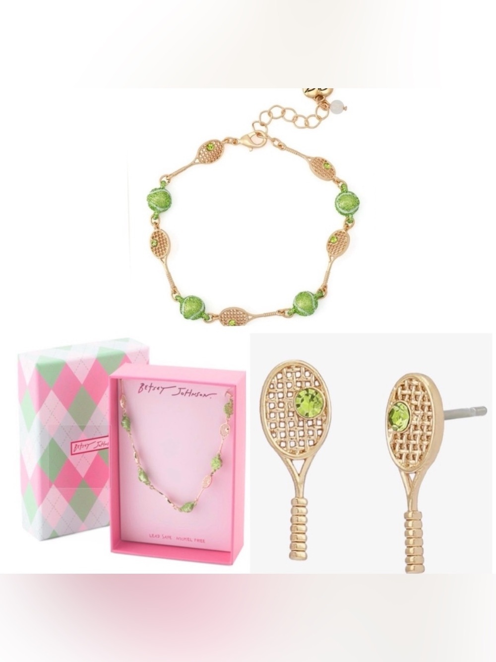 BETSEY JOHNSON SET Tennis Racquet & Ball Link Necklace Bracelet & Earrings NWT